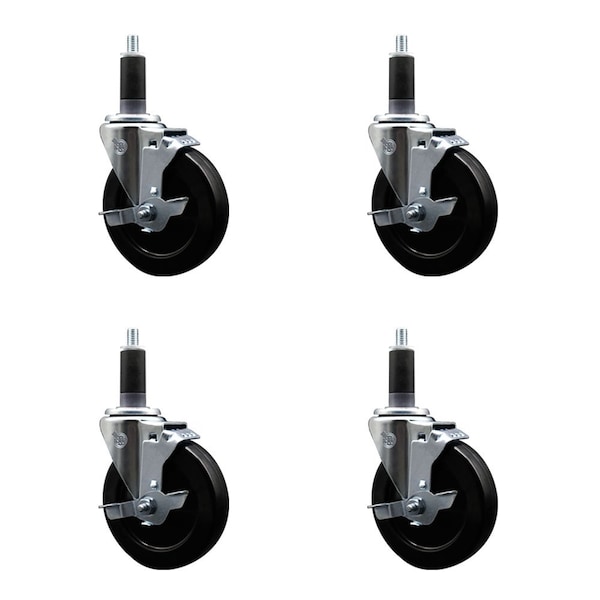 Service Caster 5'' Hard Rubber Swivel 1-1/8'' Expanding Stem Caster Set with Brake, 4PK SCC-EX20S514-HRS-TLB-118-4 - main